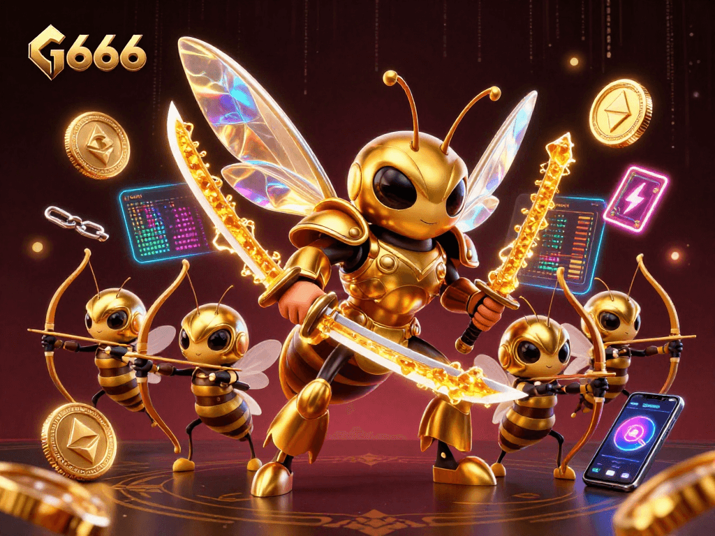 Engage with G666's thrilling casino environment featuring unique bee warriors in an energetic scene.