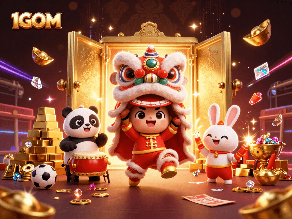 Experience thrilling sports betting with 1GOM surrounded by winning treasures and festive decorations.