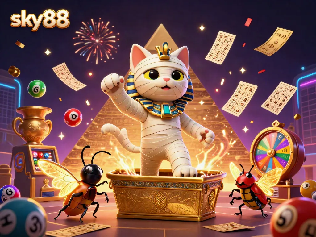 Sky88 promotes an exciting casino experience with a mummy cat bursting from a sarcophagus, surrounded by vibrant gaming elements.