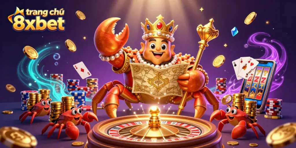 Experience the magic of "trang chủ 8xbet" with vibrant casino elements and the golden crab emperor in action.
