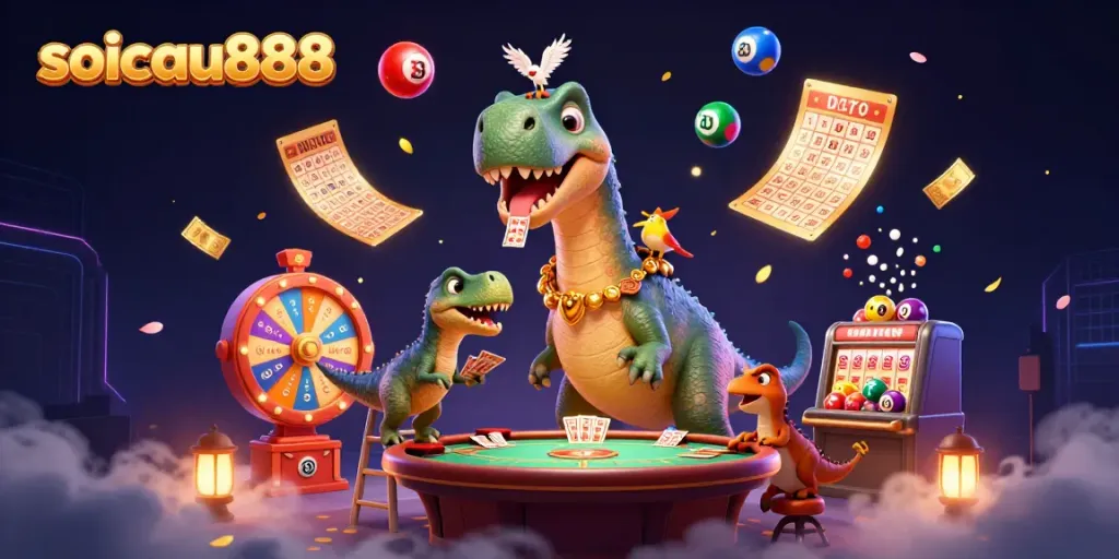 Engage with soicau888's vibrant lottery scene showcasing dynamic elements and characters in a rich casino ambiance.