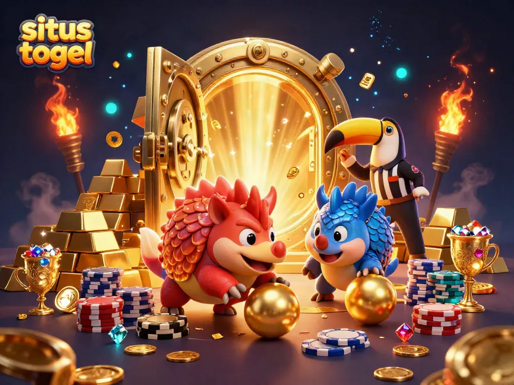Cute pangolins playfully roll gold balls in a vibrant casino scene showcasing situs togel.