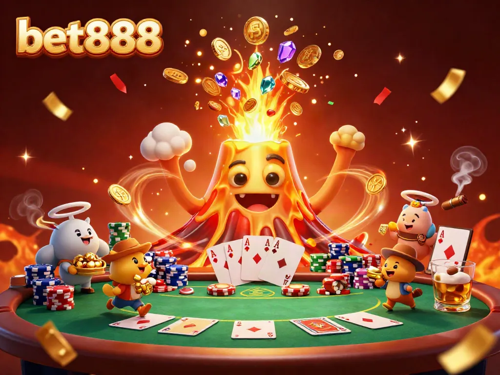 Experience the thrill of betting with bet888 at a vibrant casino scene featuring treasures and poker elements.
