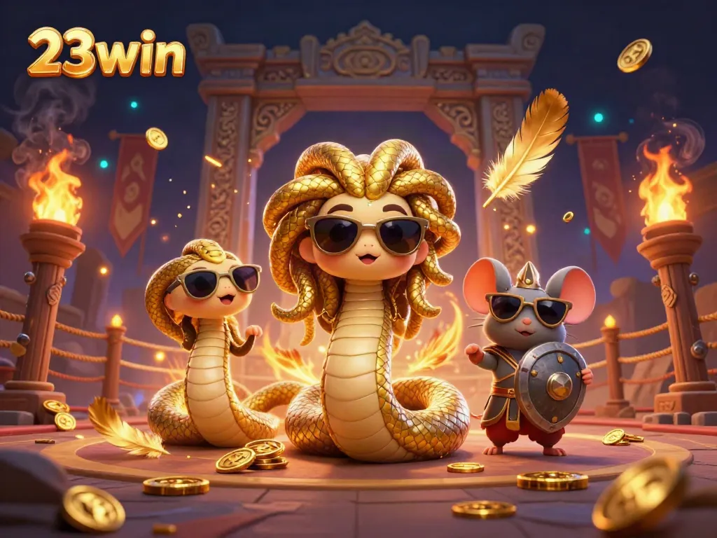 Engage with 23win’s animated characters in a vibrant casino-themed atmosphere highlighting golden tokens and dynamic elements.