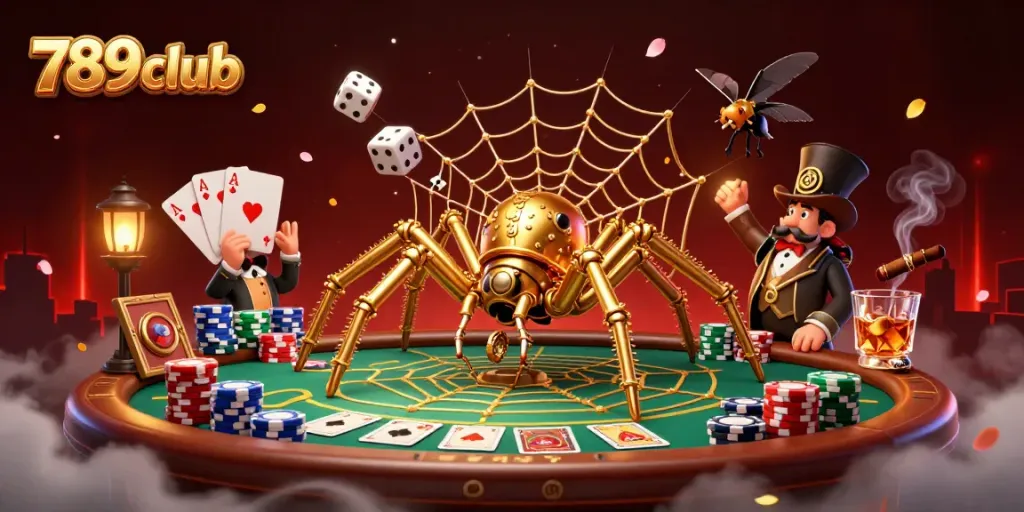 Engage with the vibrant 789club casino, featuring a golden spider crafting its web while poker elements abound.