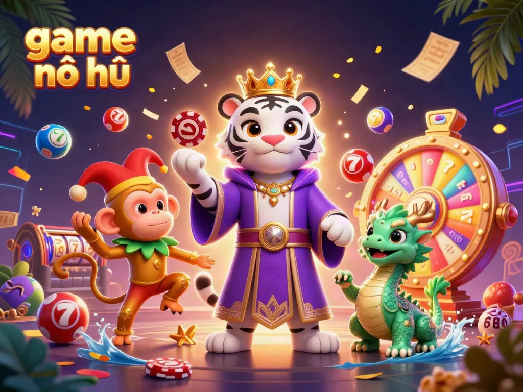 Engage with game nổ hũ through an illustration of a white tiger, golden monkey, and jade dragon in a dynamic casino scene.
