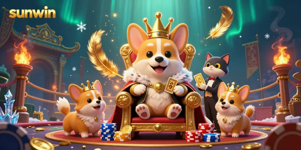 Join the playful corgi royalty at sunwin as they celebrate with poker chips and golden cards in a vibrant casino ambiance.