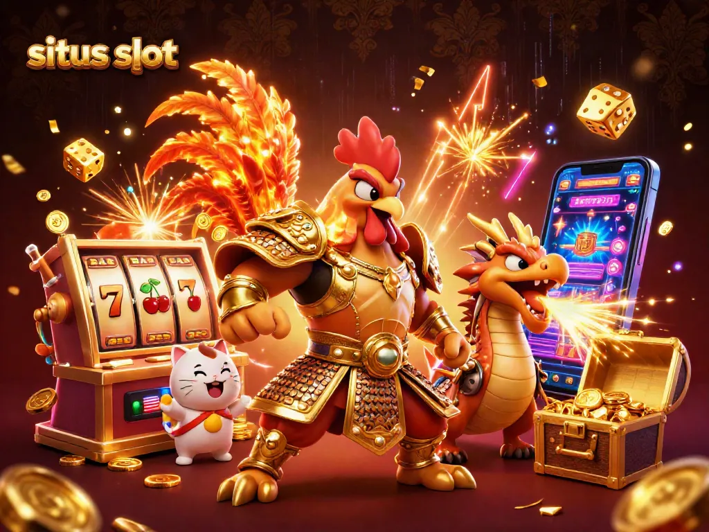 Engage with situs slot as a vibrant 3D scene showcases a rooster warrior, dragon hatchling, and lucky symbols.