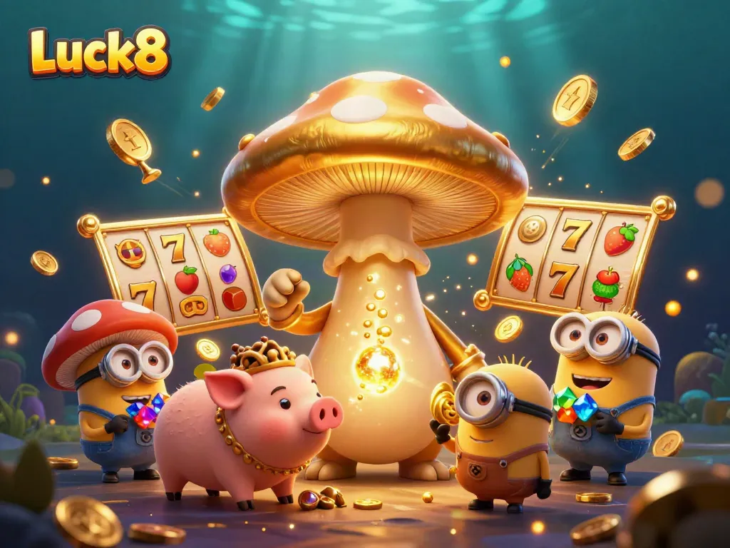 Explore the magic of Luck8 with a golden mushroom wizard conjuring wins amidst sparkling slot symbols.