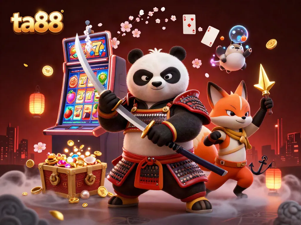 Experience thrilling gameplay at ta88 with a cartoon samurai panda, ninja fox, and treasure elements.