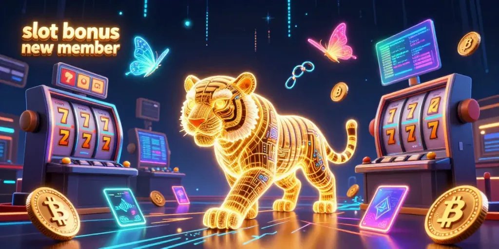 Engage with the exciting slot bonus new member offer illustrated through a vibrant digital casino landscape.