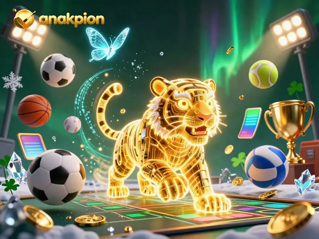 Engage with anakpion's vibrant digital casino experience featuring a glowing golden tiger and various sports elements.