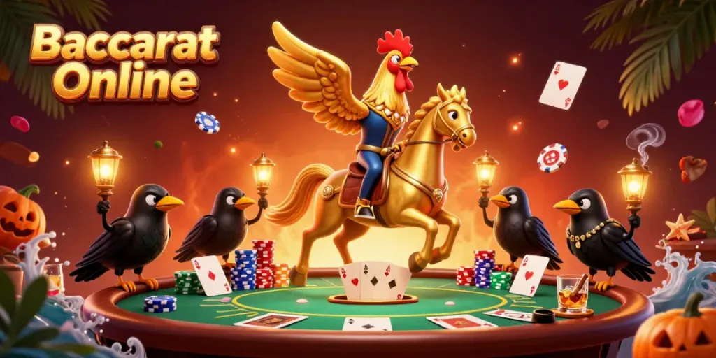 Experience the excitement of Baccarat Online with a dynamic 3D casino scene featuring vibrant characters and game elements.