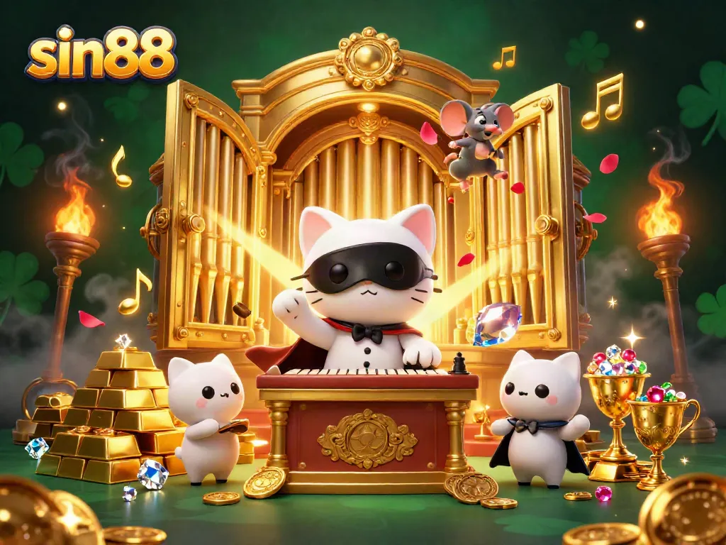 Experience the excitement of sin88 with a dazzling casino scene featuring vibrant treasures and playful characters.