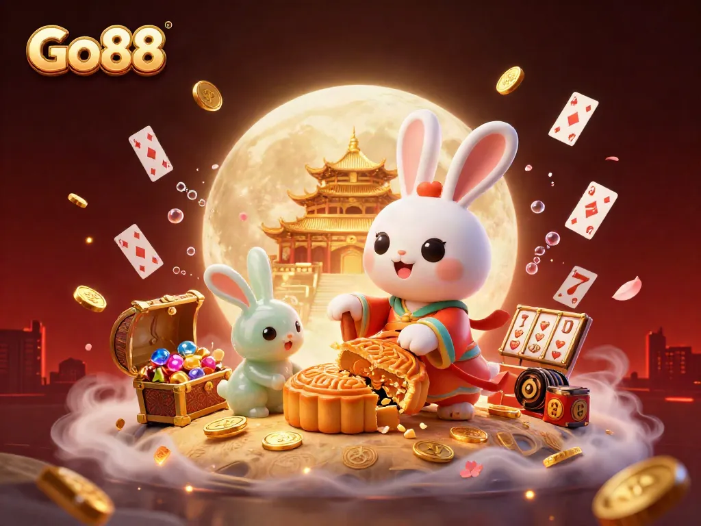 Engage with the Go88 online gaming experience, featuring a whimsical moon rabbit in a rich, colorful casino scene.