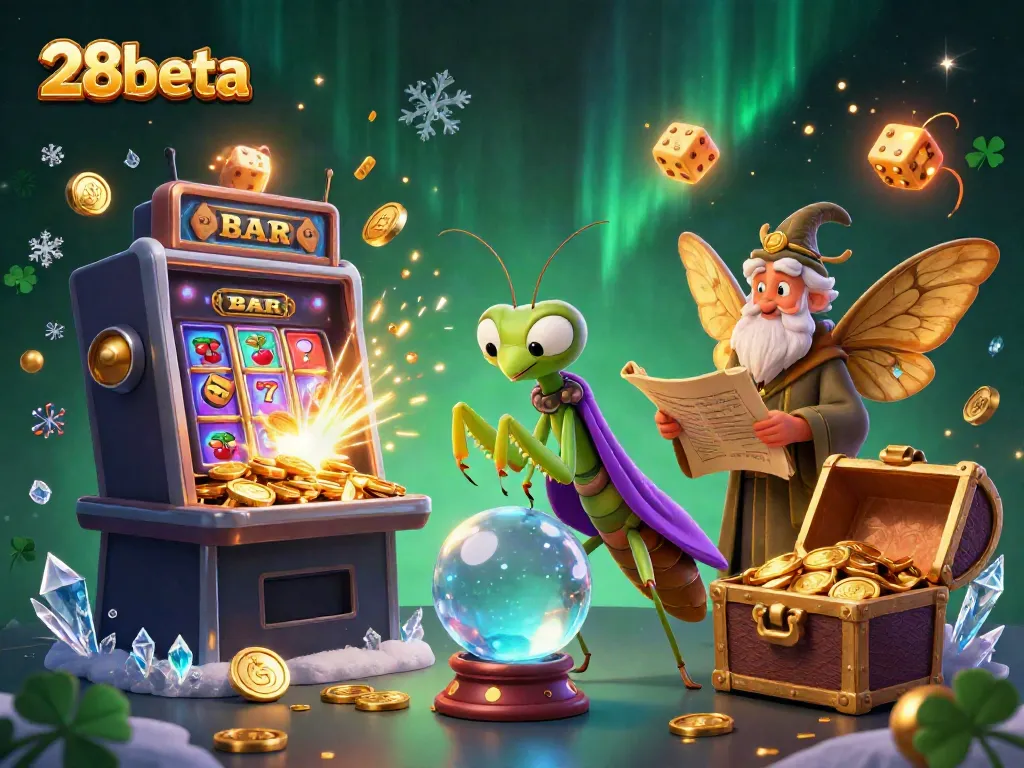 Experience the vibrant world of 28beta with a dynamic scene featuring a mystical fortune teller and a slot machine jackpot explosion.