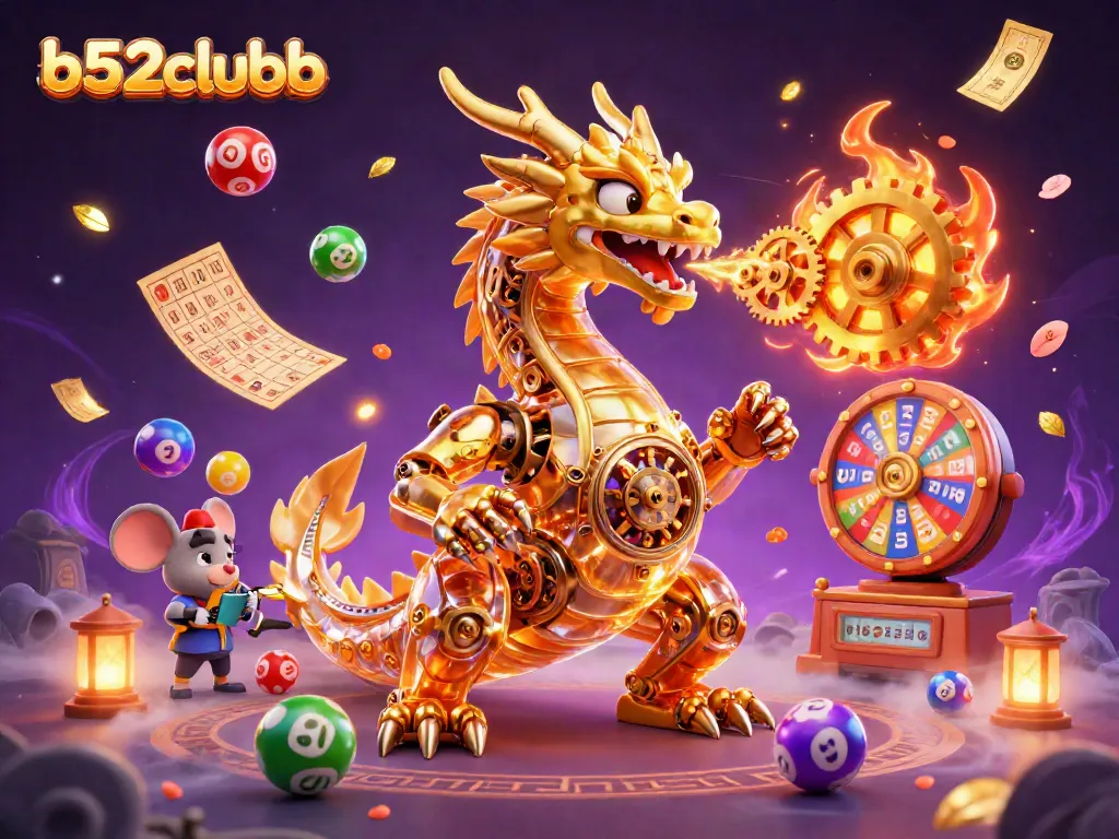 Bets come alive with b52clubb's golden dragon and vibrant lottery elements, showcasing casino excitement.