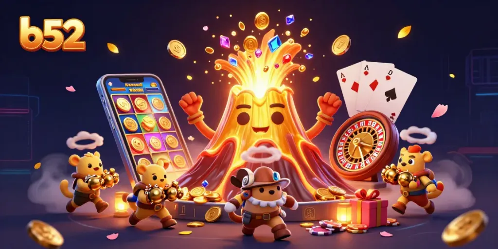 Engage with b52-themed slot games featuring a lively volcanic eruption and treasure seekers.