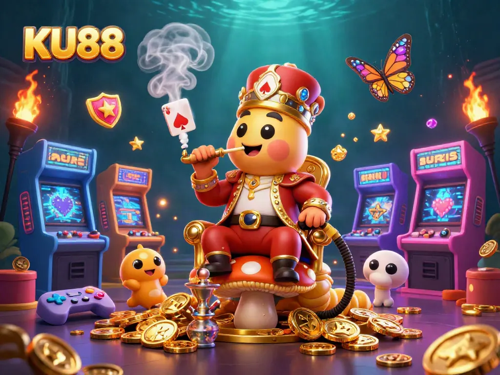 Play at KU88 with an imaginative 3D casino scene showcasing vibrant games and a unique character interaction.