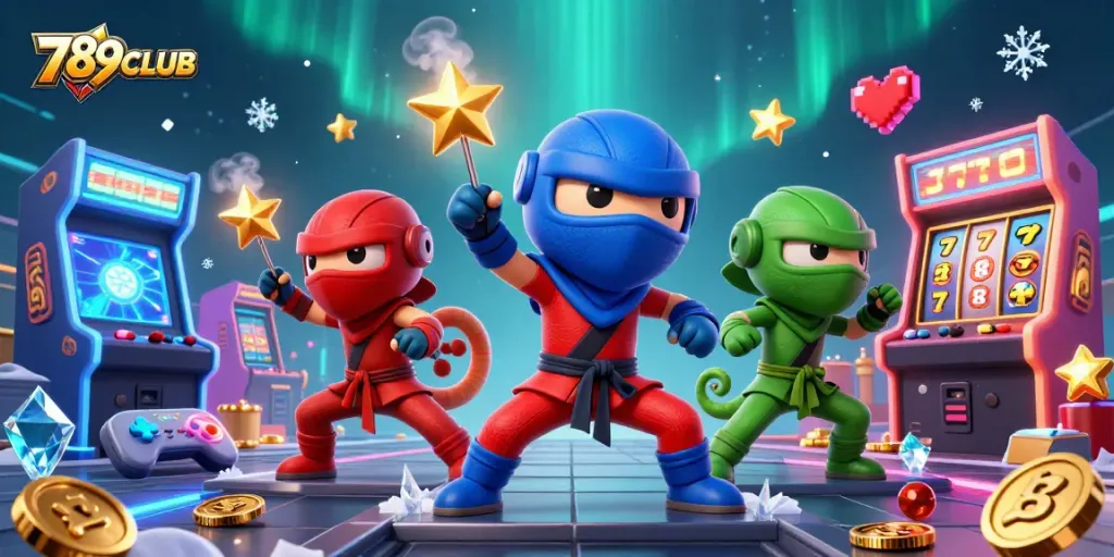 Engage in thrilling action with 789CLUB as chameleon ninjas showcase martial arts in an exhilarating casino-themed scene.