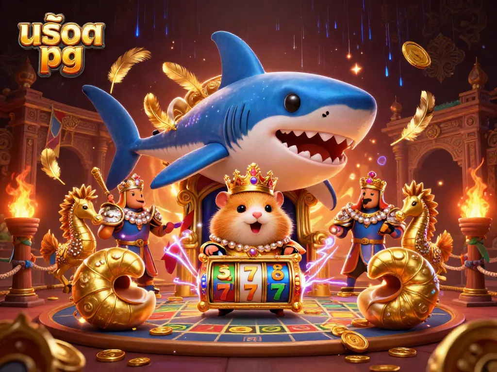 Spin winning สล็อต pg reels in an enchanting casino with a golden hamster king and seahorse guards.