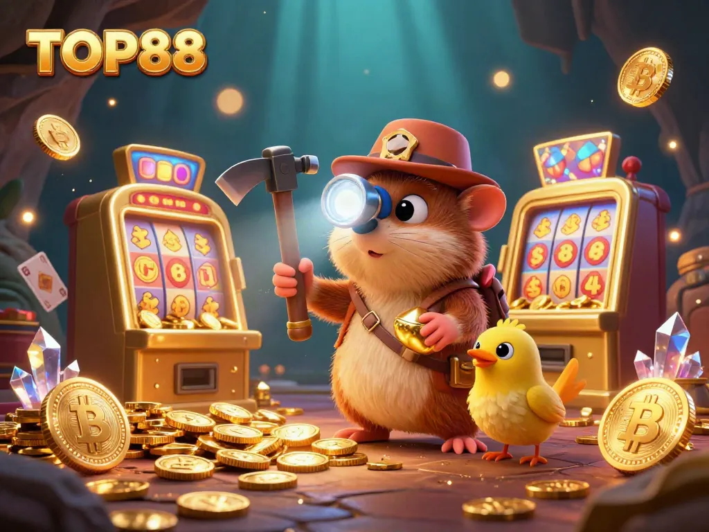 Engage in thrilling casino adventures at TOP88 with a vibrant treasure hunter scene highlighted by slot machines and gold coins.
