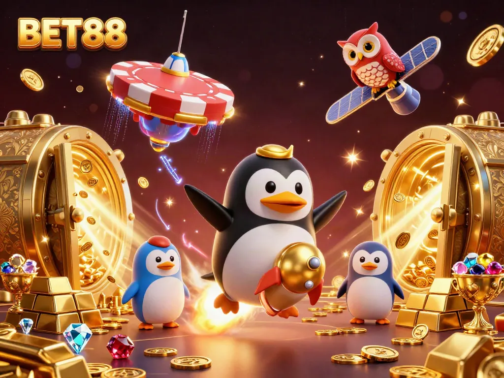 Experience excitement with BET88 as a golden penguin zooms towards a casino in space.