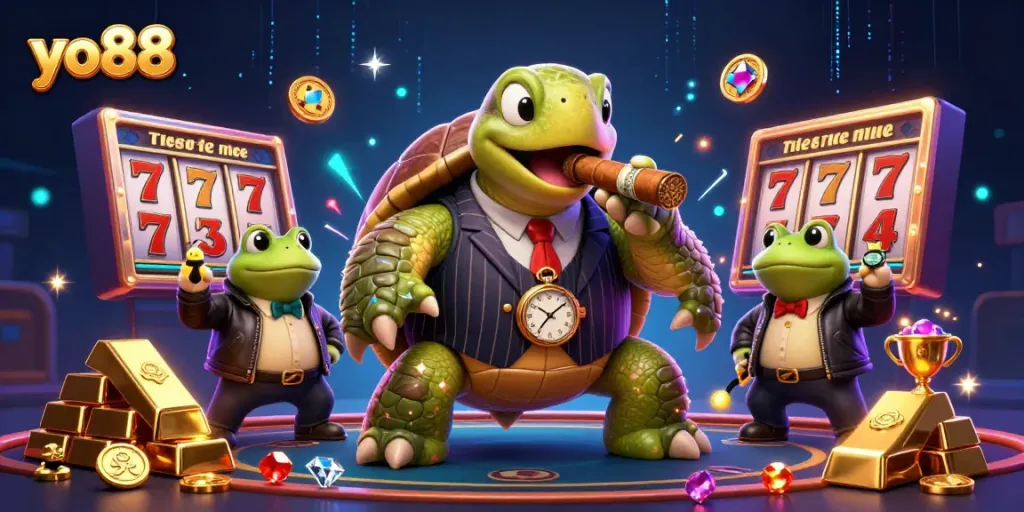Experience excitement with yo88 through vibrant slot machines and gleaming treasures in this colorful gaming scene.