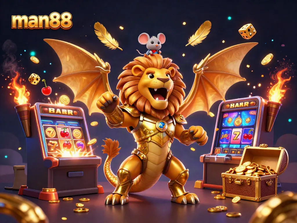 man88 captures the excitement of jackpot wins with a golden chimera, dynamic game elements, and vibrant casino symbols.