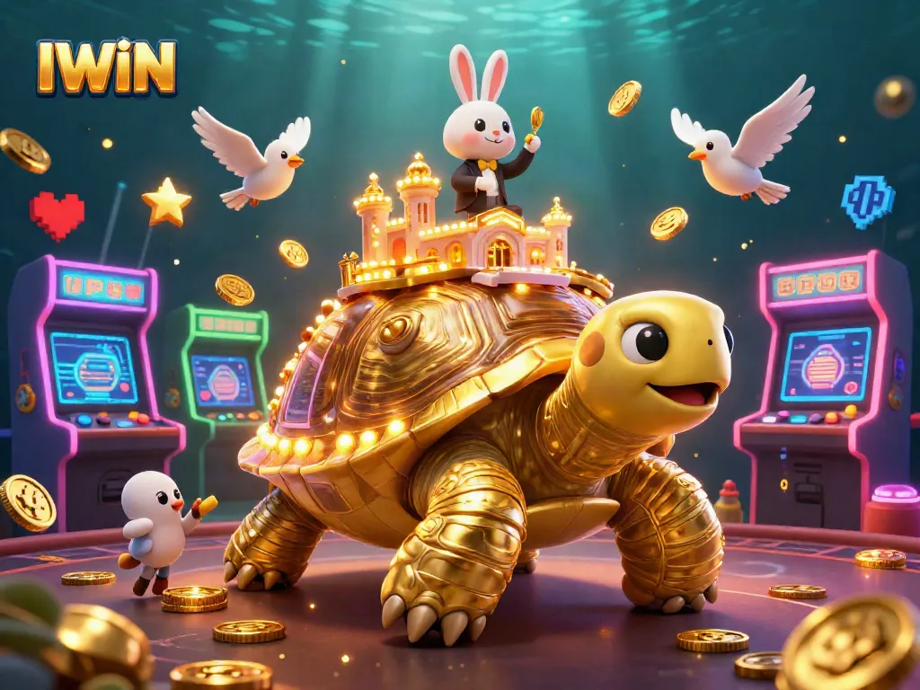 IWIN features a golden tortoise casino with a rabbit dealer and vibrant gaming elements.