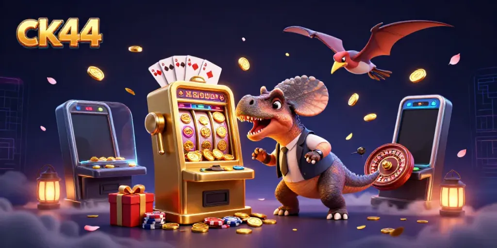 ck44 celebrates wins with a pachycephalosaurus jackpot scene full of colorful slot game action.
