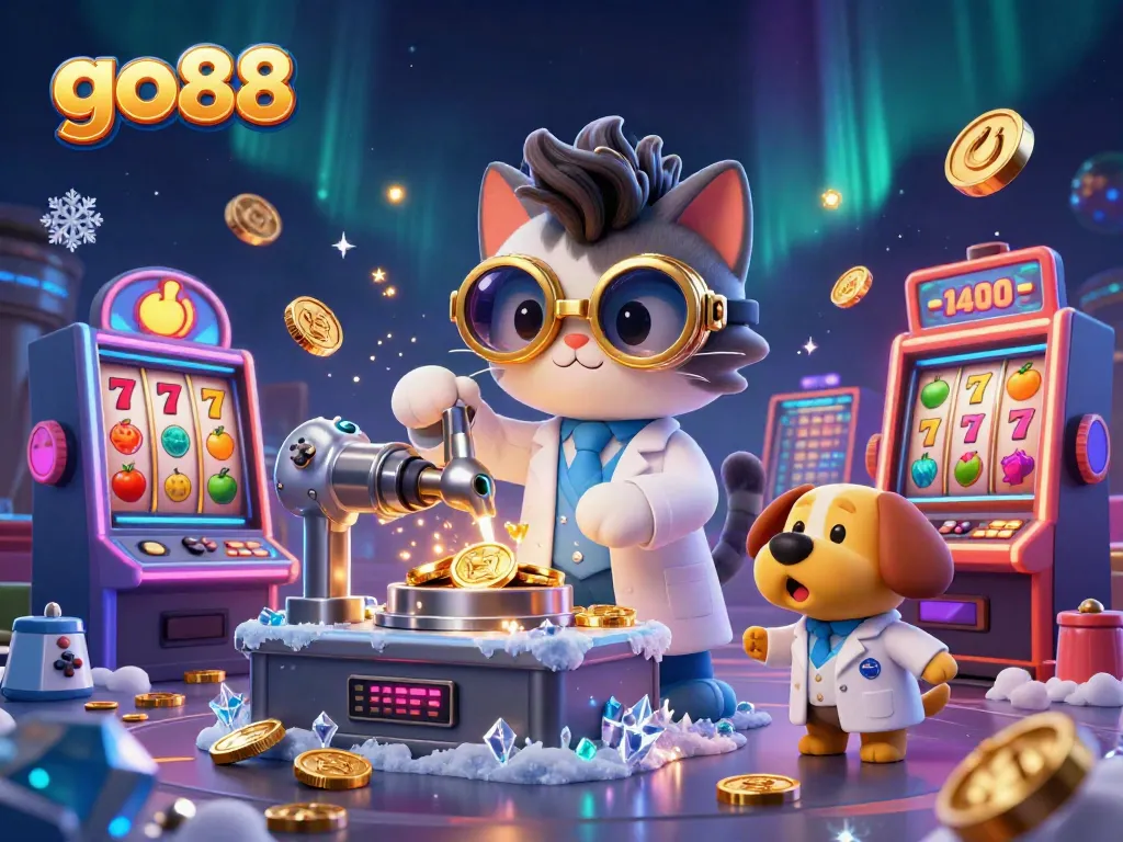 Engage with go88 slots through a fun illustration of a mad scientist cat and assistant in a casino lab.