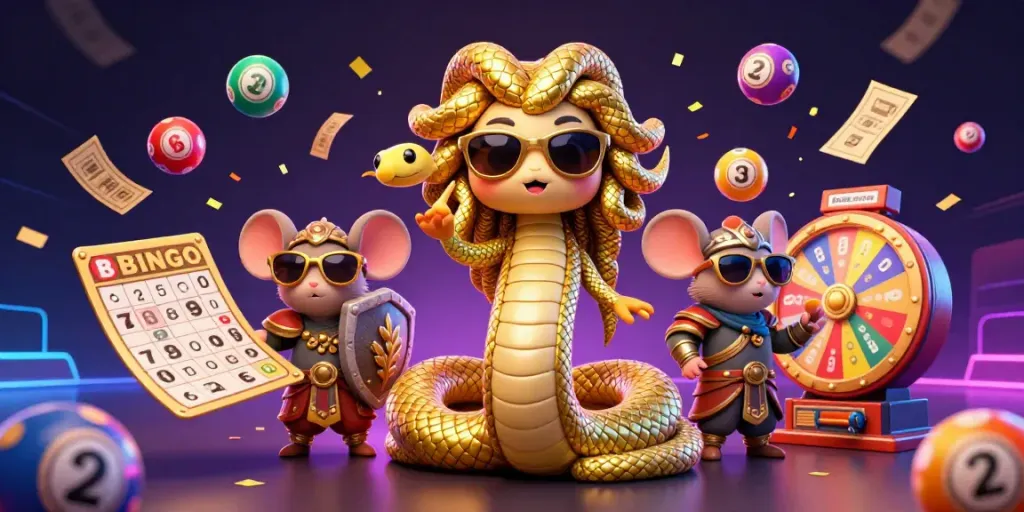 Experience shbet's vibrant lottery scene with friendly Medusa and a brave mouse amidst dynamic game elements.