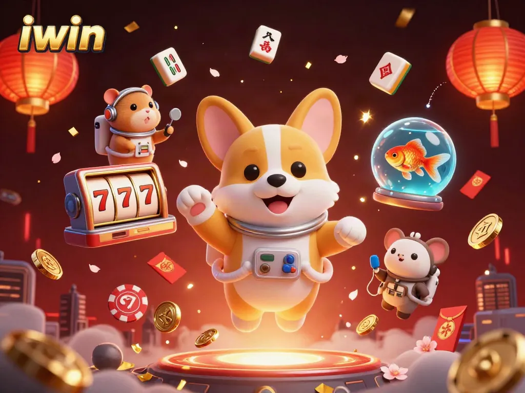 Join the iwin space adventure with a corgi astronaut, drifting poker chips, and vibrant casino elements.