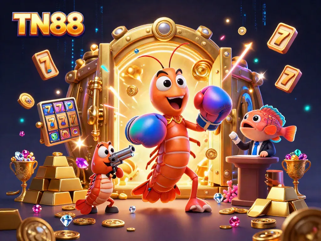 Engage with TN88’s vibrant casino action, as a mantis shrimp and sidekick scatter treasures amid spinning slots.