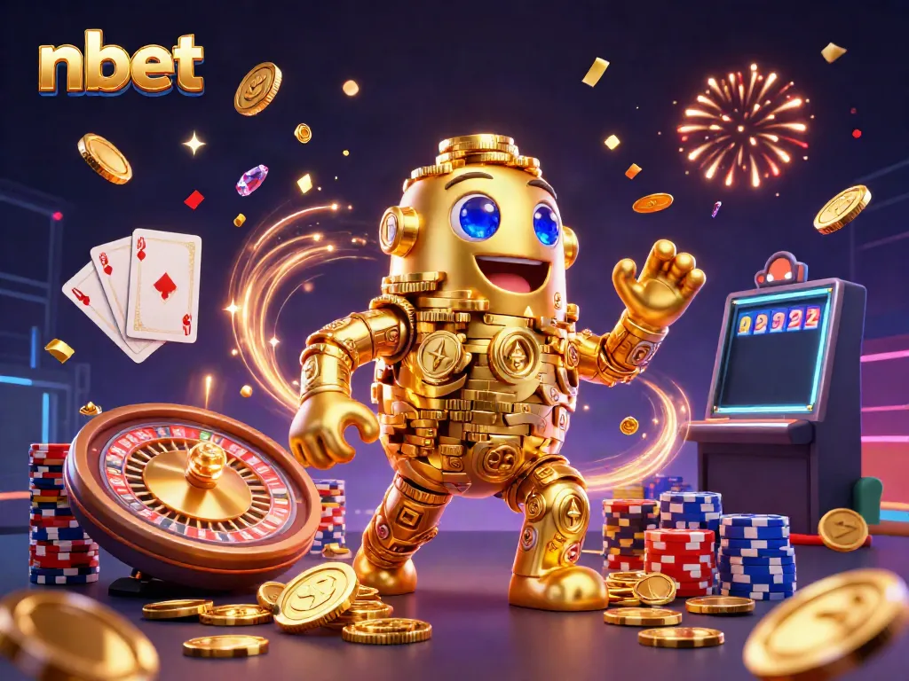 Experience exciting moments with nbet's dynamic casino illustration featuring golden golem and lively game elements.