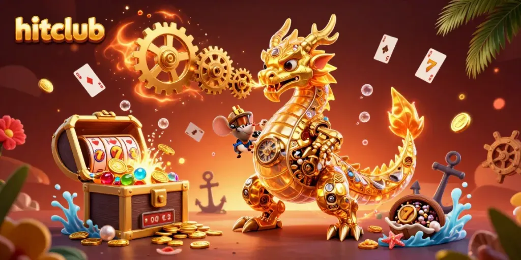 Experience the thrill at hitclub with a striking 3D dragon scene featuring slots and treasures.