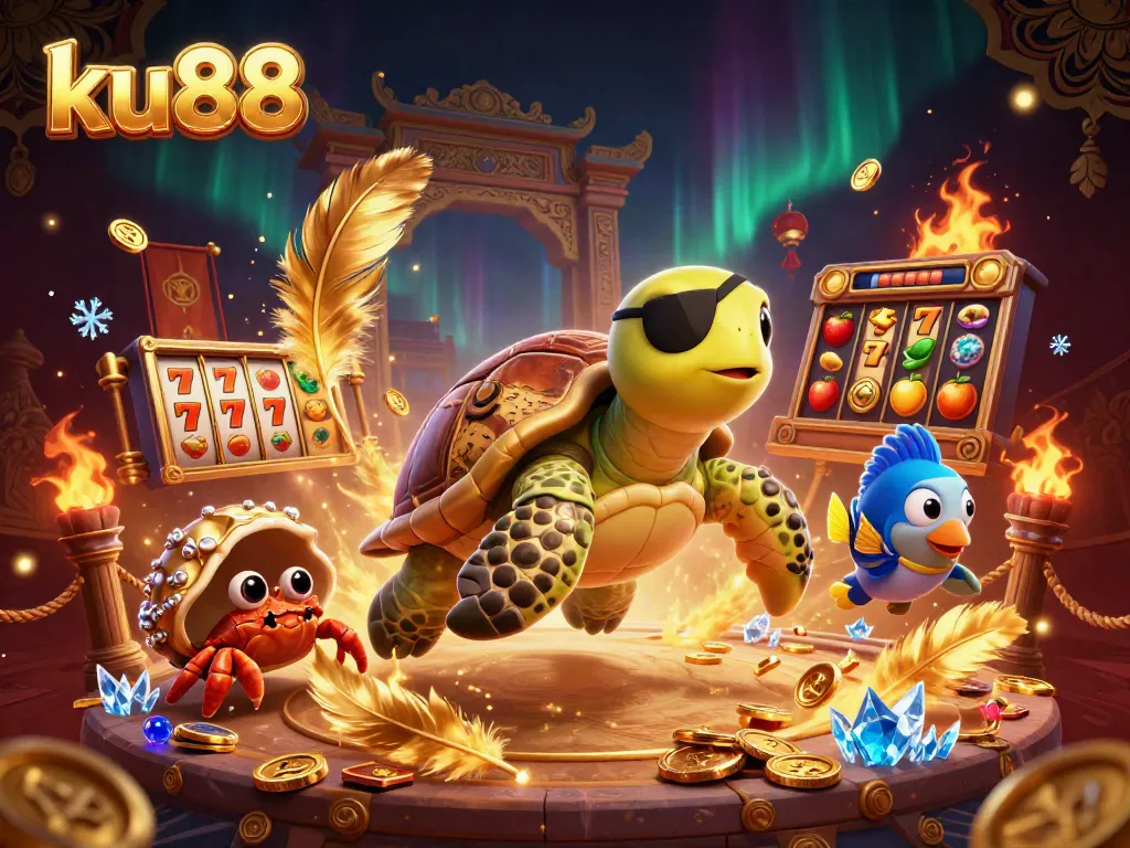ku88 pirate turtle and friends celebrate a winning slots moment over treasure