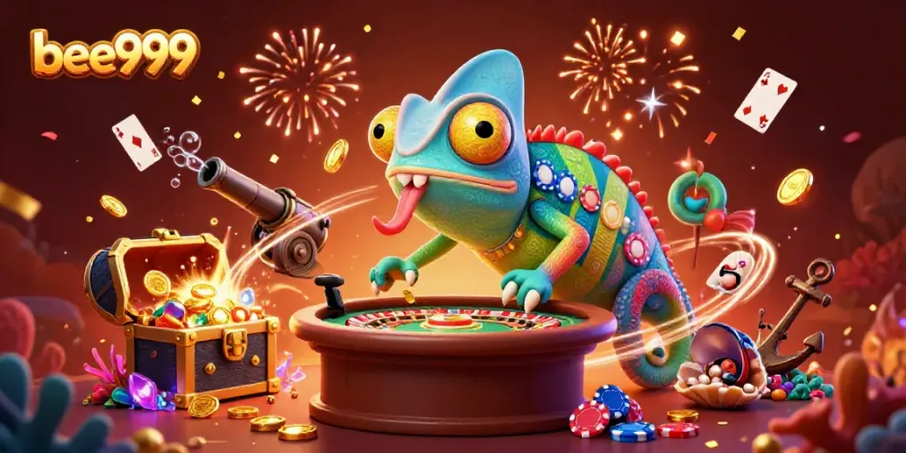 Capture the vibrant action of bee999 casino with a colorful chameleon owner and dynamic game elements.