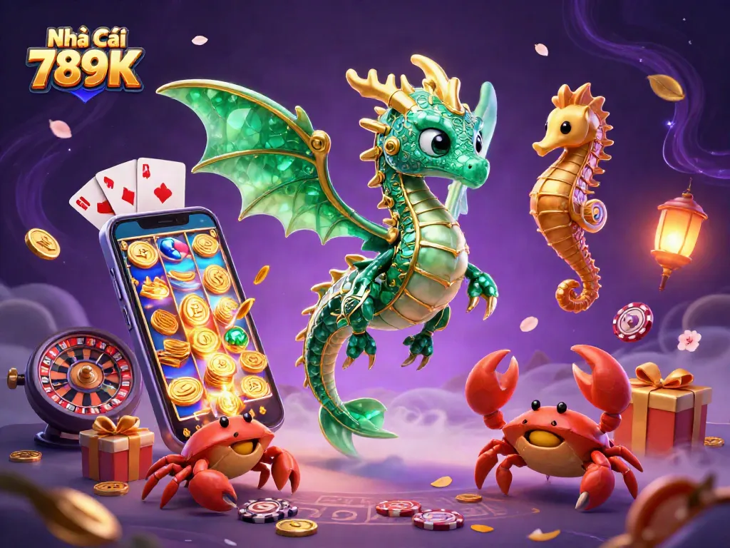Experience excitement with the Nhà Cái 789K sea dragon illustration amidst casino games and treasure.