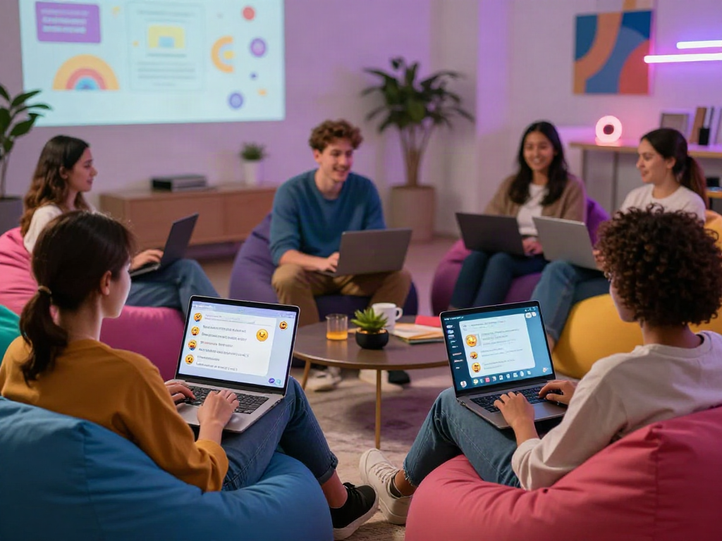 Engaging nsfw chat scene with diverse individuals in a modern virtual environment.