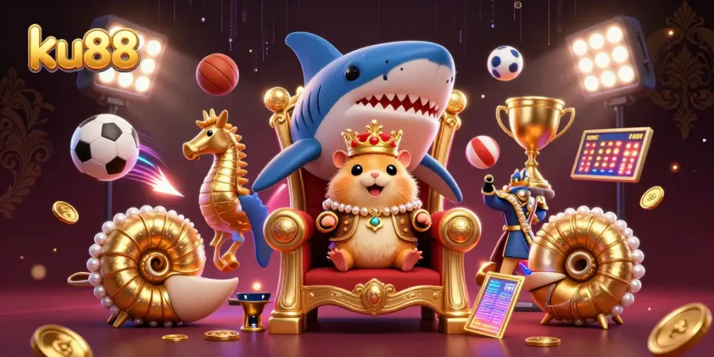 Experience exciting gameplay at ku88 Casino with a dynamic scene featuring a golden hamster king and festive elements.