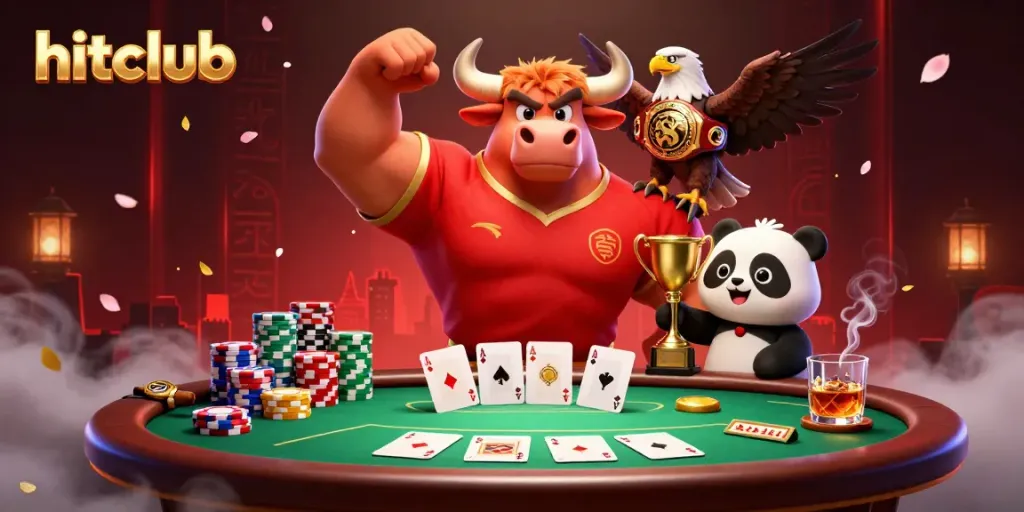 Engage in thrilling poker action at hitclub with a bull mascot, eagle champion, and joyful panda.
