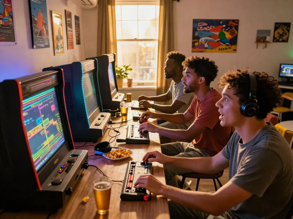 Group of players enjoying a pecah 404 arcade game night in a vibrant living room.