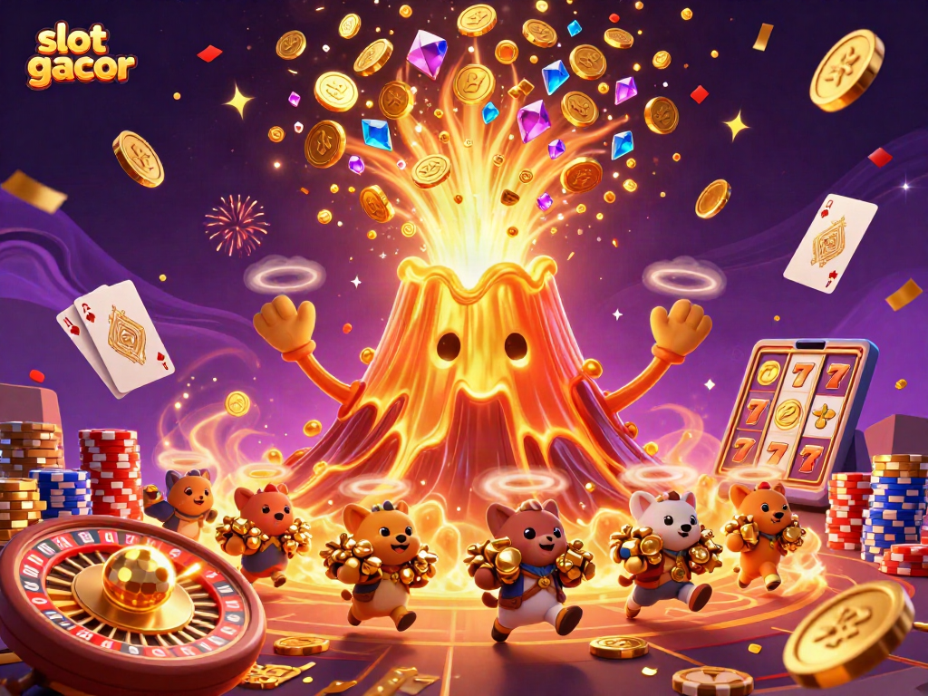 Experience the thrill of slot gacor in this vibrant illustration of a golden volcano erupting coins and treasure.