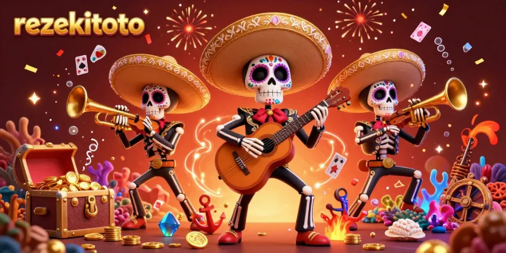Experience immersive gameplay with rezekitoto featuring festive mariachi skeletons and vibrant casino elements.
