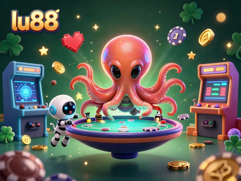 lu88 alien octopus deals at a holographic poker table amidst vibrant casino elements.