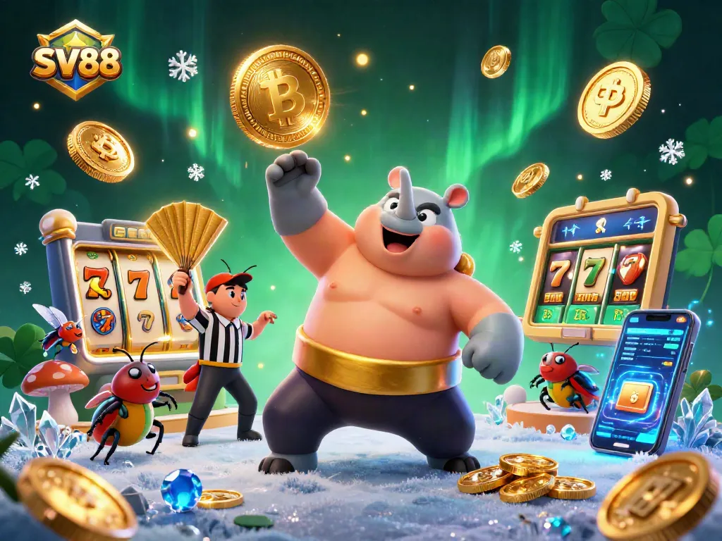 SV88 gameplay featuring a beetle sumo champion amidst vibrant casino elements creating an energetic atmosphere.