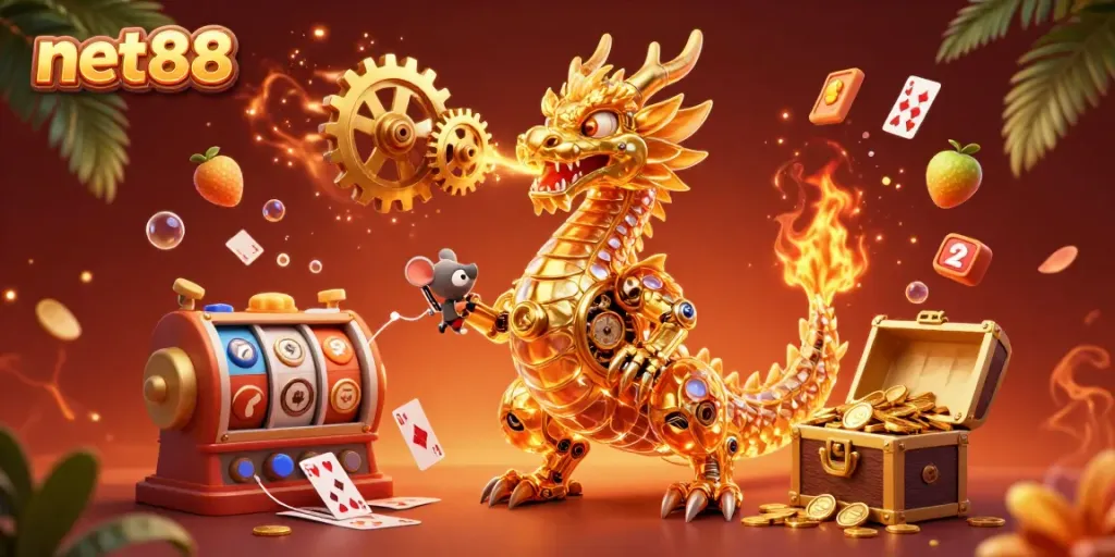 Experience thrilling winning moments with net88 as a golden dragon breathes gold coins amidst vibrant casino elements.