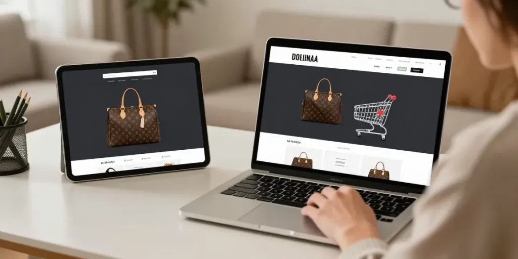 Unique replica bags showcased in a warm online shopping scene.